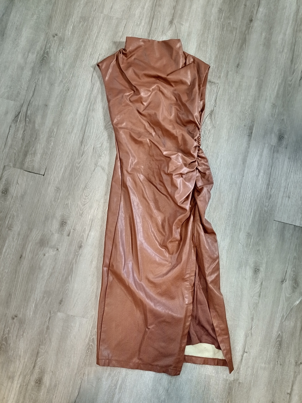 Anthropologie Ruched Faux-Leather Maxi Dress in Copper Brown